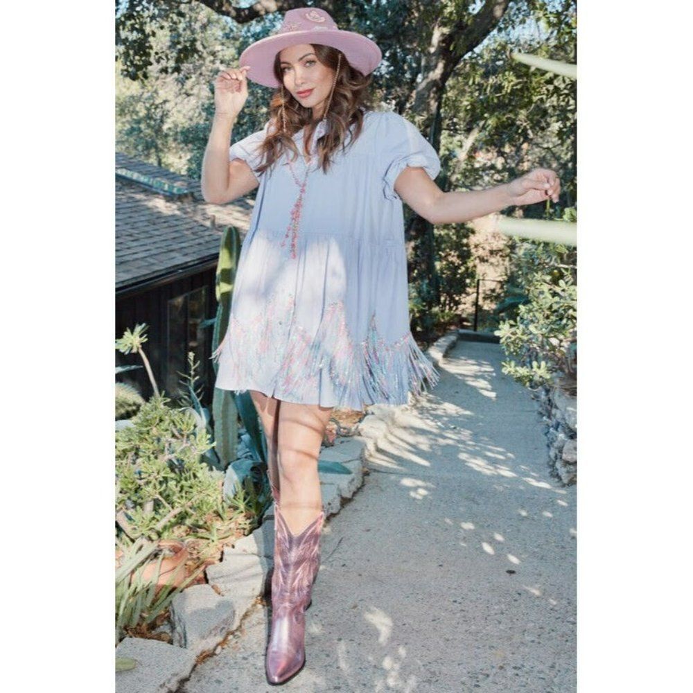 Fantastic Fawn Call Me Pretty Fringe Chevron Babydoll Dress in Lavender IFD54214 - Picture 10 of 14